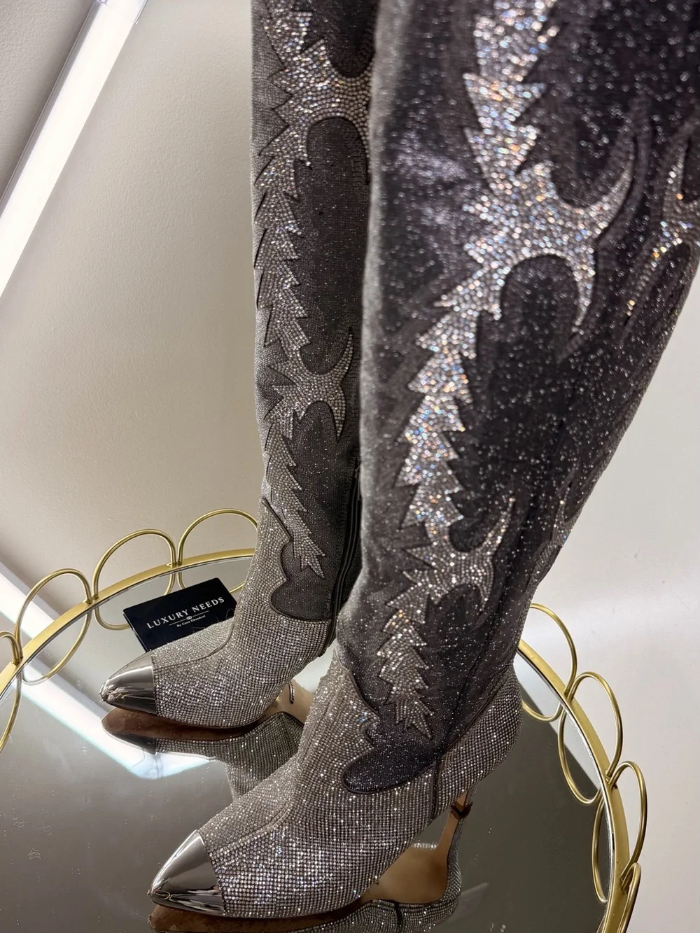 Gianni Bini Katyanna Rhinestone OTK Boots 6.5 Silver Like New